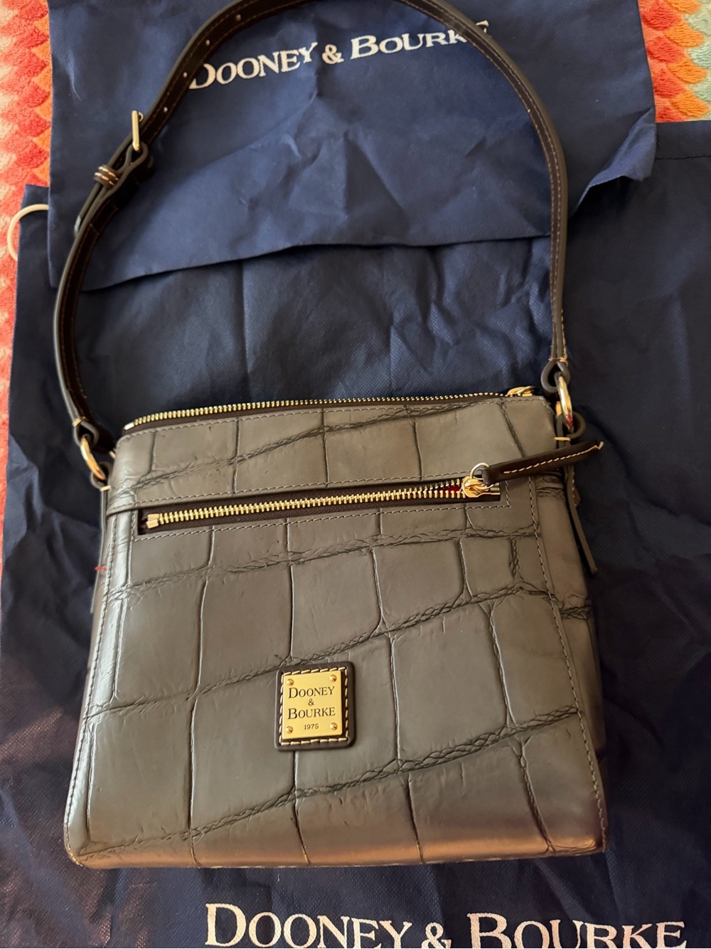 Dooney & Bourke Gray Croc-Embossed Leather Shoulder Bag
